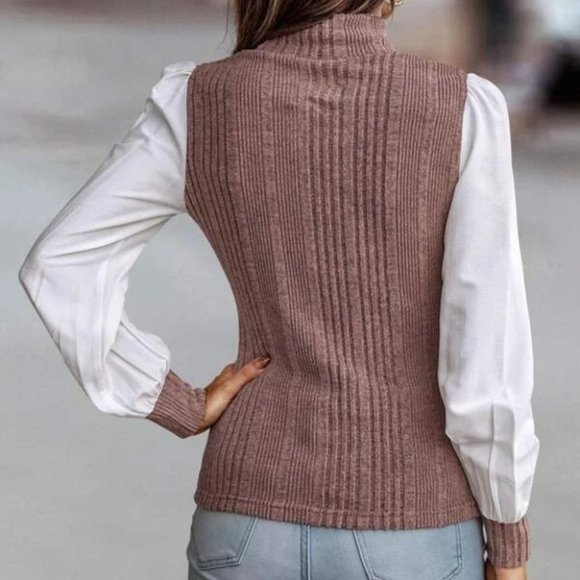 Contrast Bishop Sleeve Casual Top Dusty Pink - Picture 4 of 5